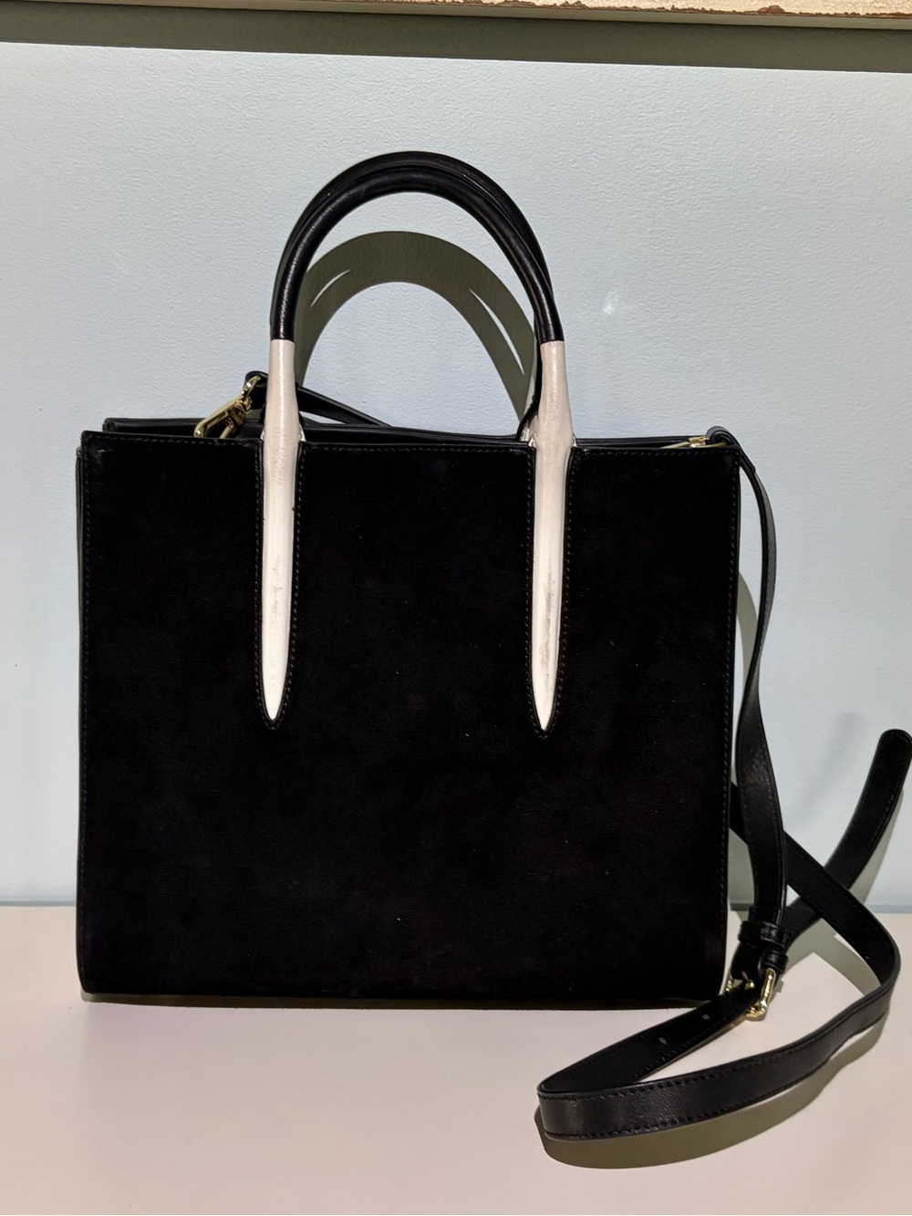 Classic Black & White Suede Tote with Goldtone Hardware Accents
